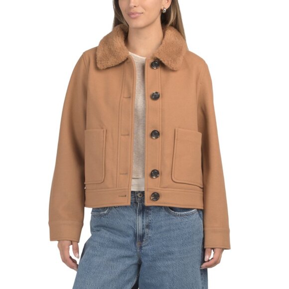 SAM EDELMAN Camel Cropped Jacket With Faux Fur Collar - Picture 1 of 2